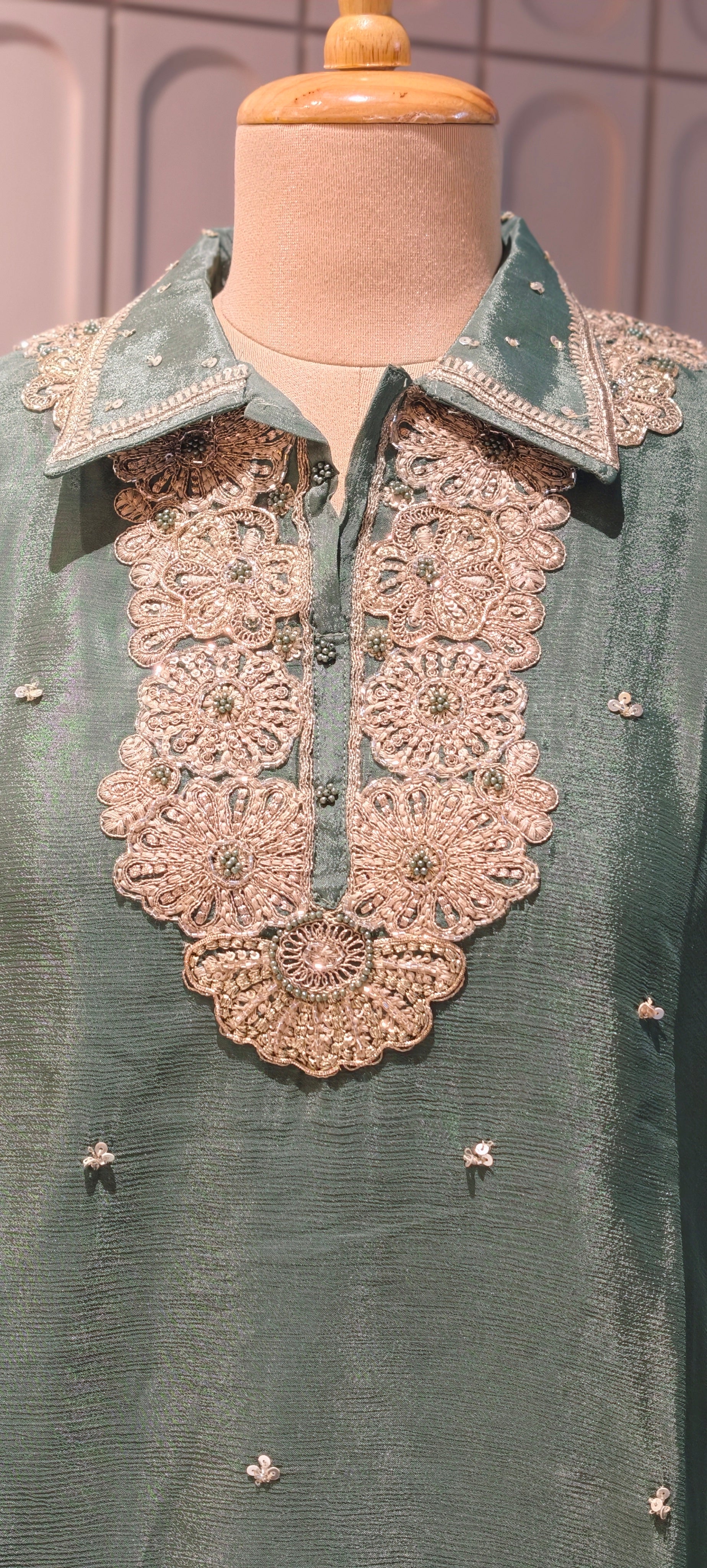 Designer Shirt Style Kurta Luxury Chinon Fabric Co-Ord Set with Intricate Embroidery 13996 RB07