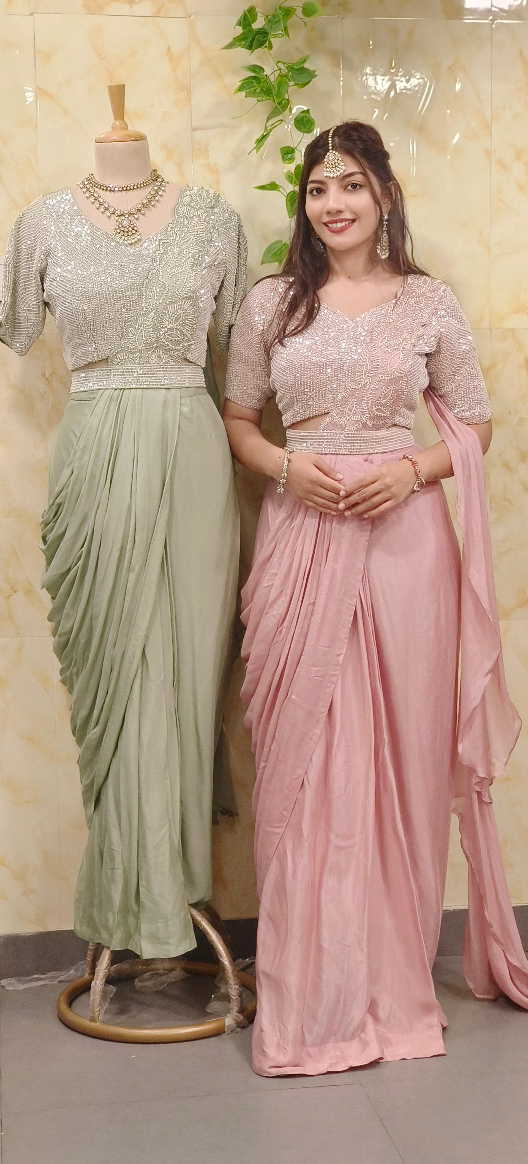 Designer Pearl Heavy Drape Saree in Chinon Fabric with Stiched Padded Blouse and Belt 09092