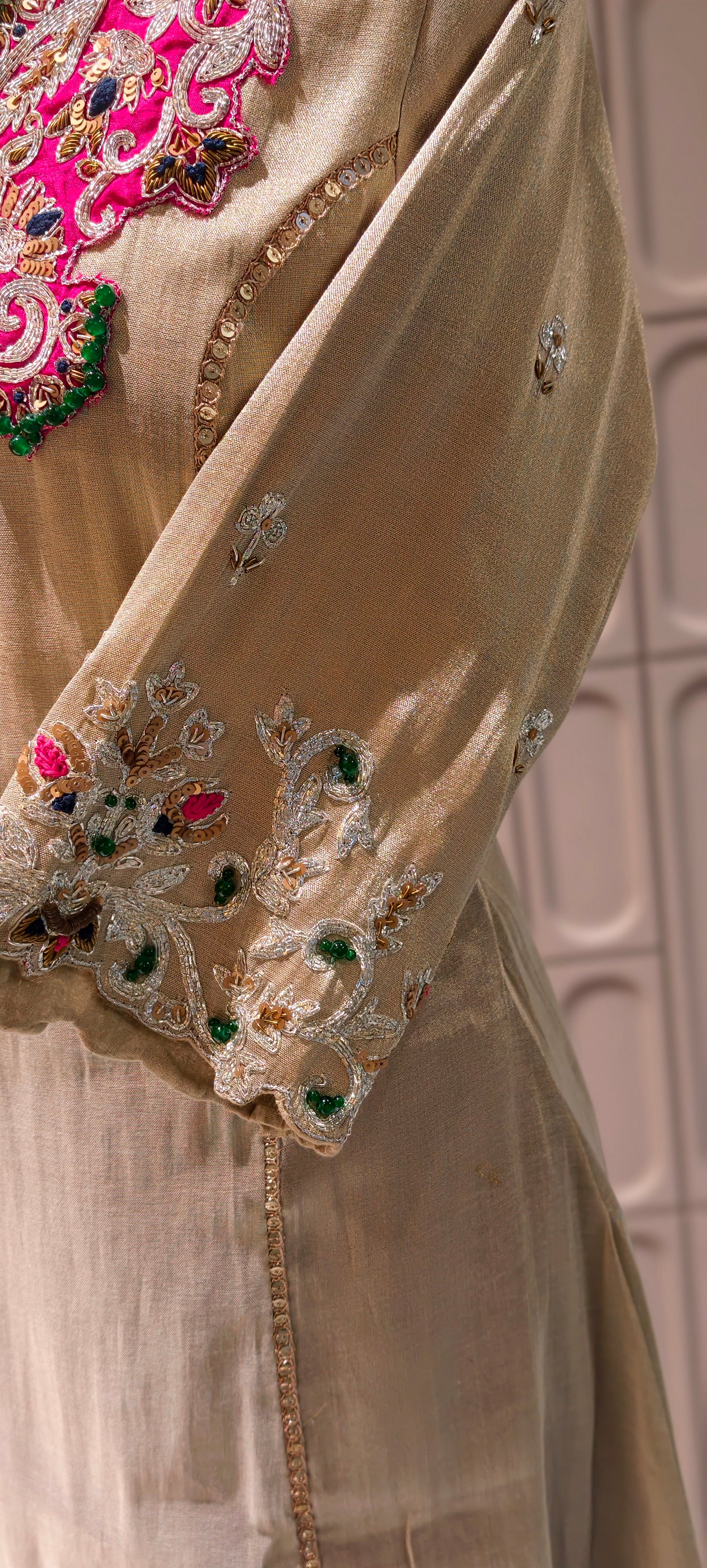 Luxury Designer Tissue Kurta Set with Hand Embellished Zari & Stone Work Neckline and Contrast Dupatta-13809