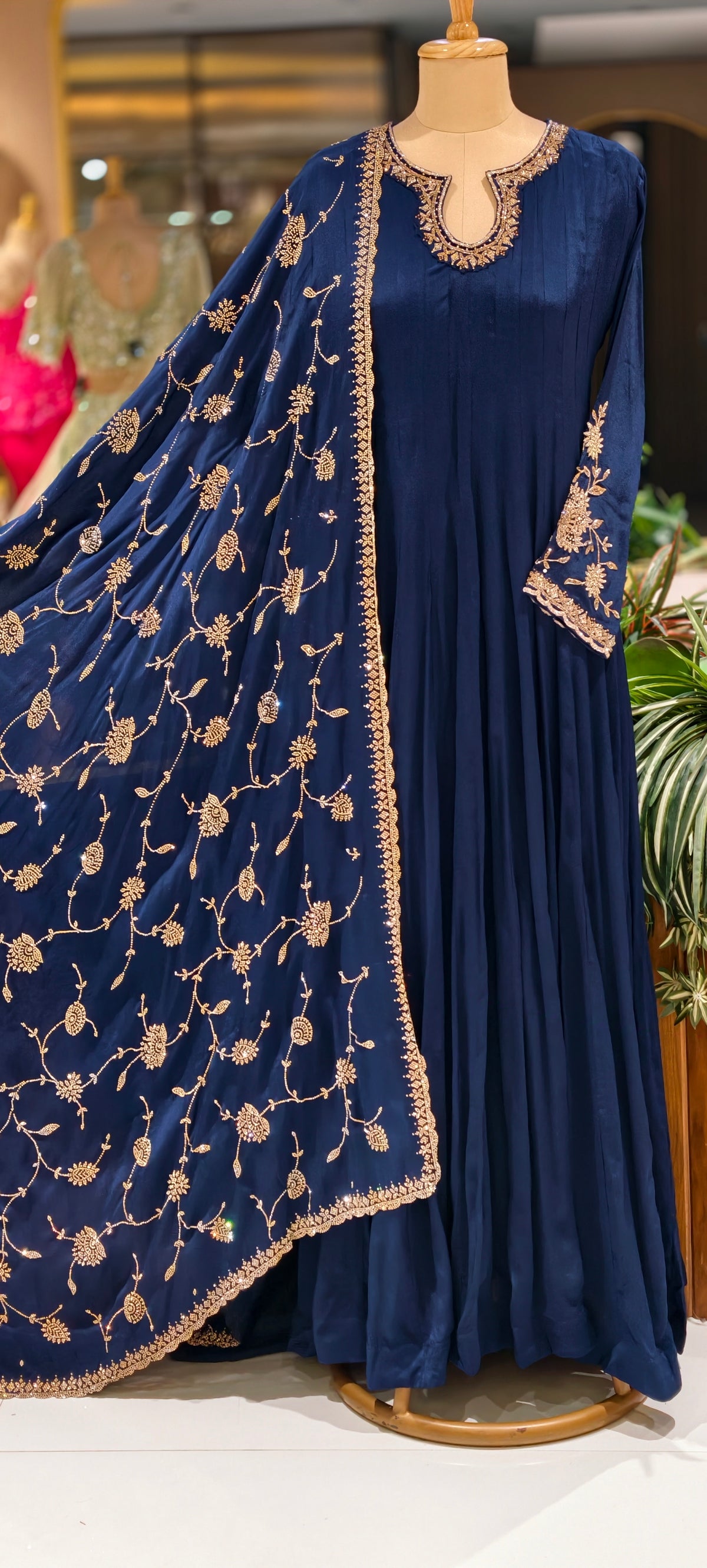 Chinon Anarkali Suit Floor Length with Heavy Golden Embroidered Dupatta, Intricate cutdana Work on Neck 16917