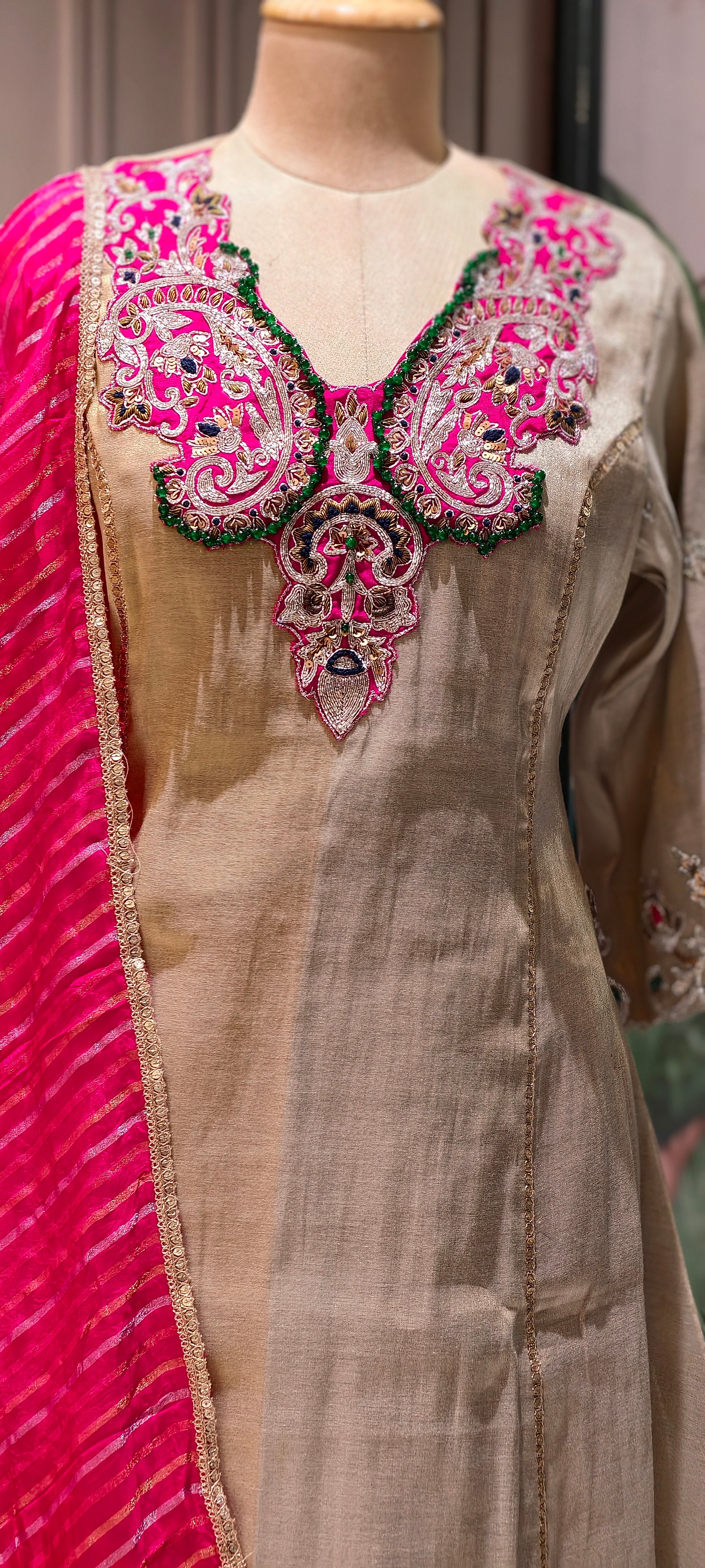 Luxury Designer Tissue Kurta Set with Hand Embellished Zari & Stone Work Neckline and Contrast Dupatta-13809