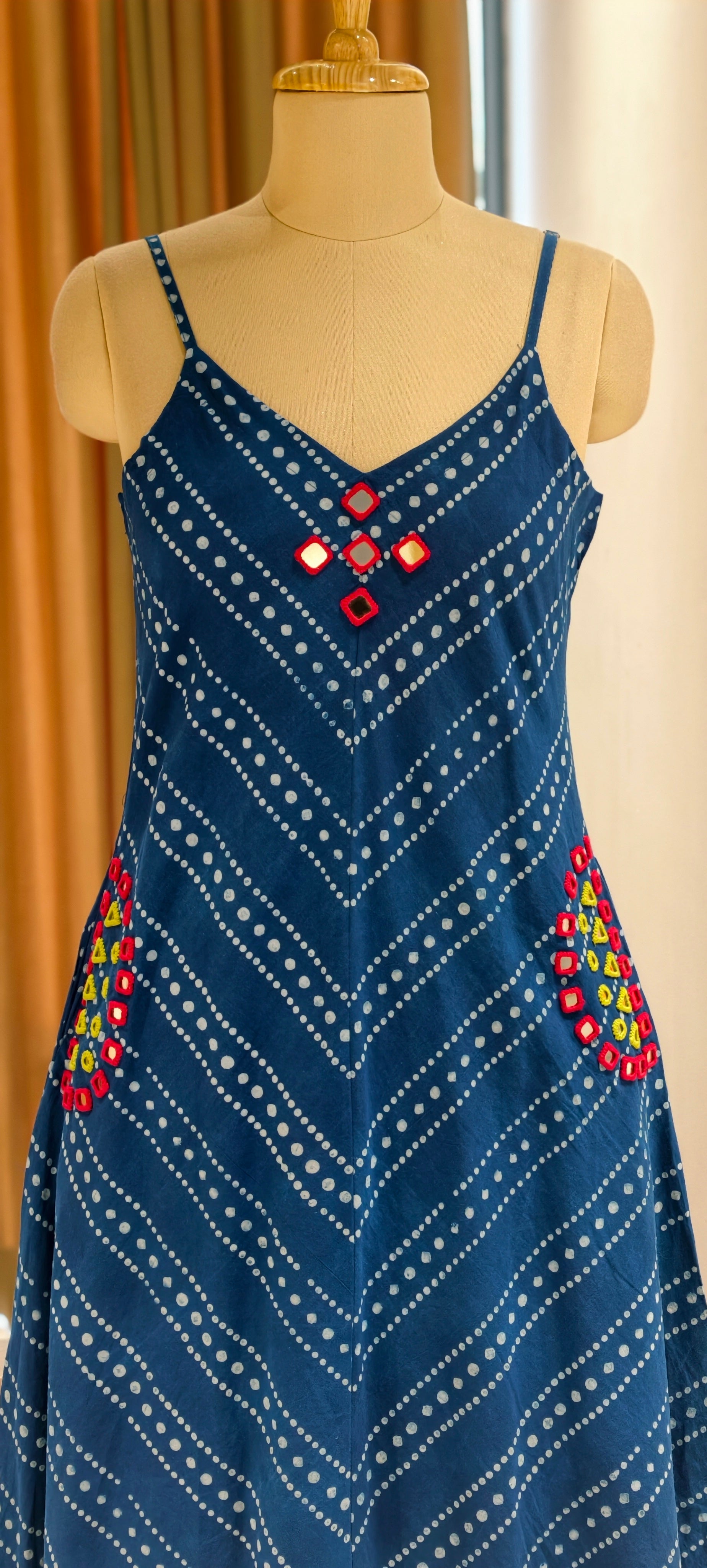 Indigo Handloom Cotton Noodle Strap Sleeveless Frock with Bandhani Print & Pockets-14180 RB175