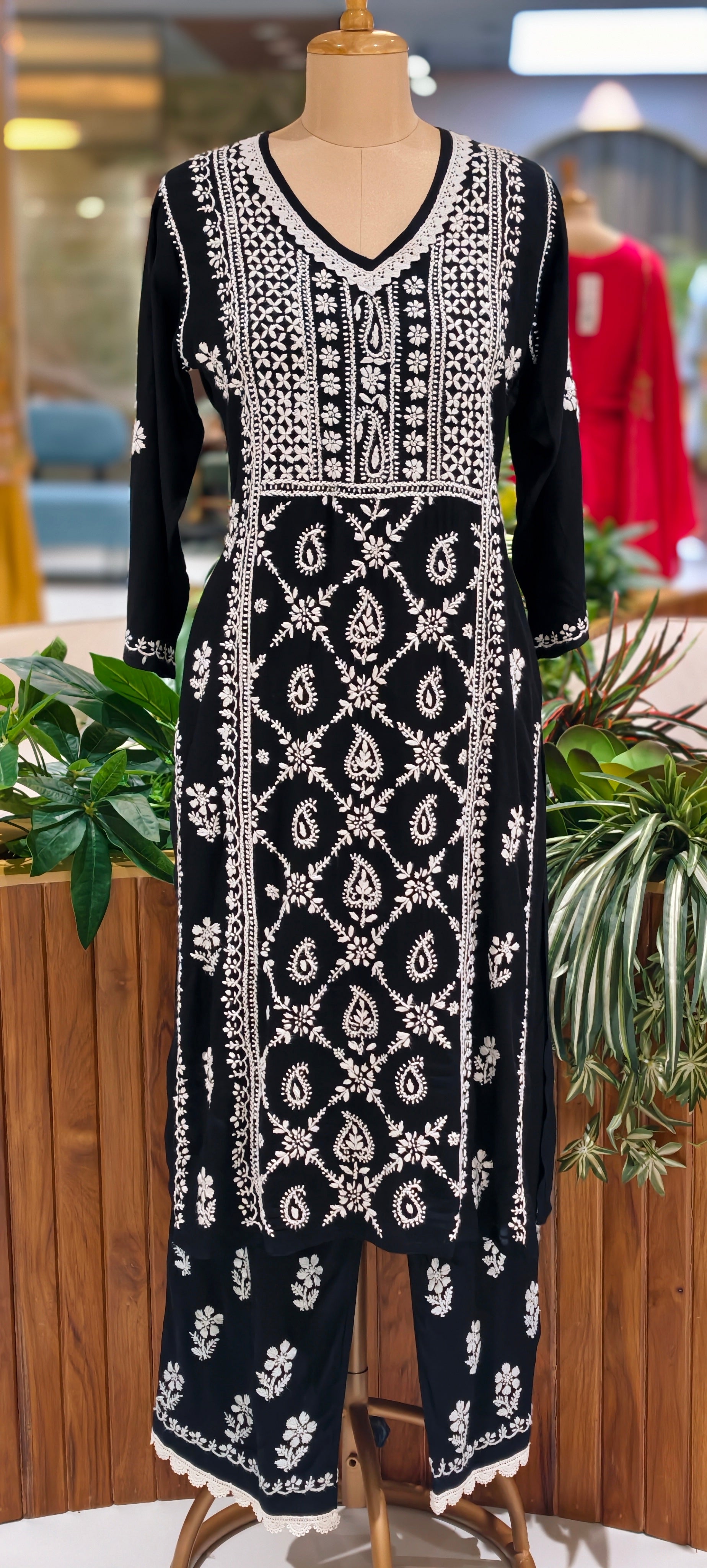 Beautiful Muslin Fabric without Lining Lucknowi style kurta pant set with Intricate White Thread Embroidery -13947