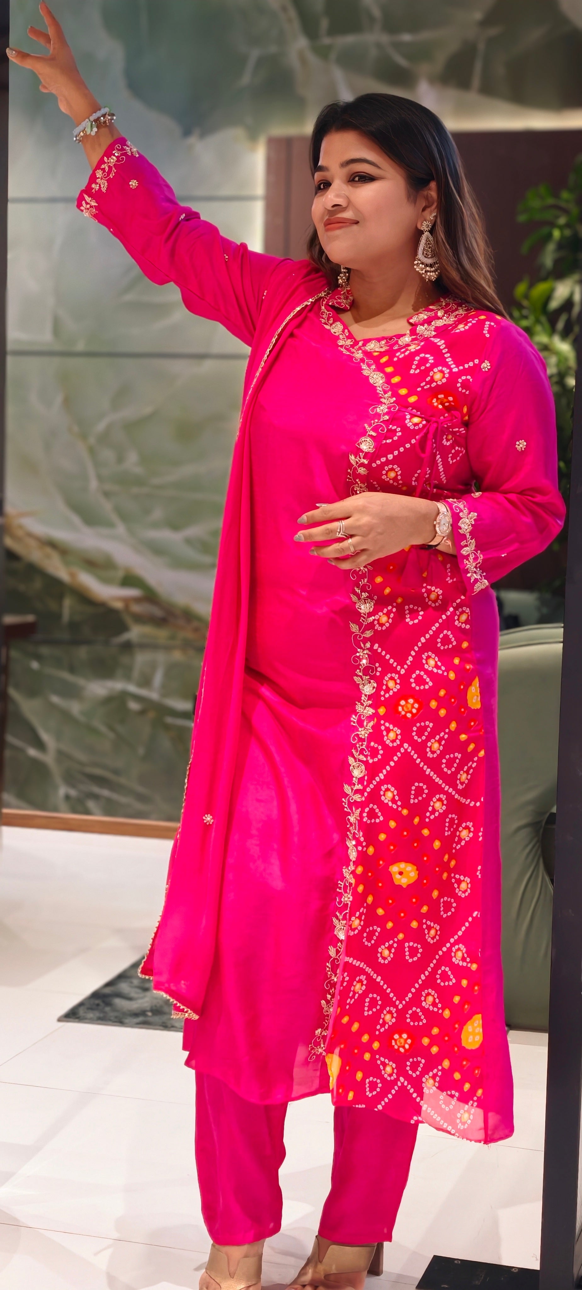 Dola Silk Rani Pink Ethnic Suit Set With Floral Embroidered Neckline Bhandhani Print Angrakha Pattern Full Suit Set 13854