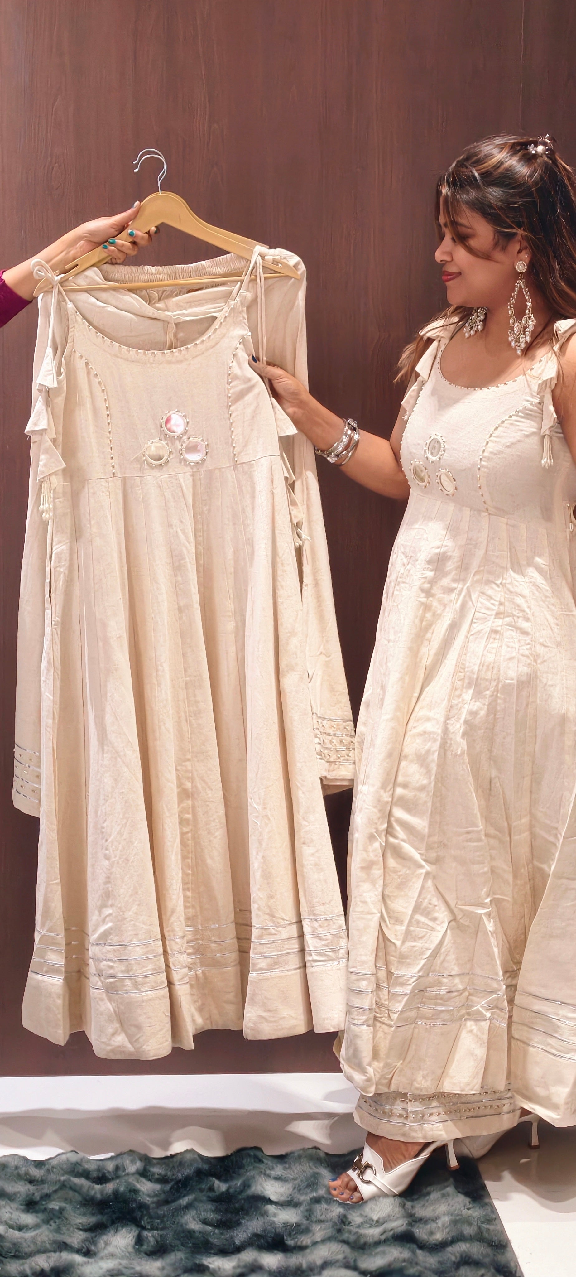 Elegant Handloom Cotton Noodle Strap Kurta Set with Mirror Detailing With Loose Pants-14185 RB170
