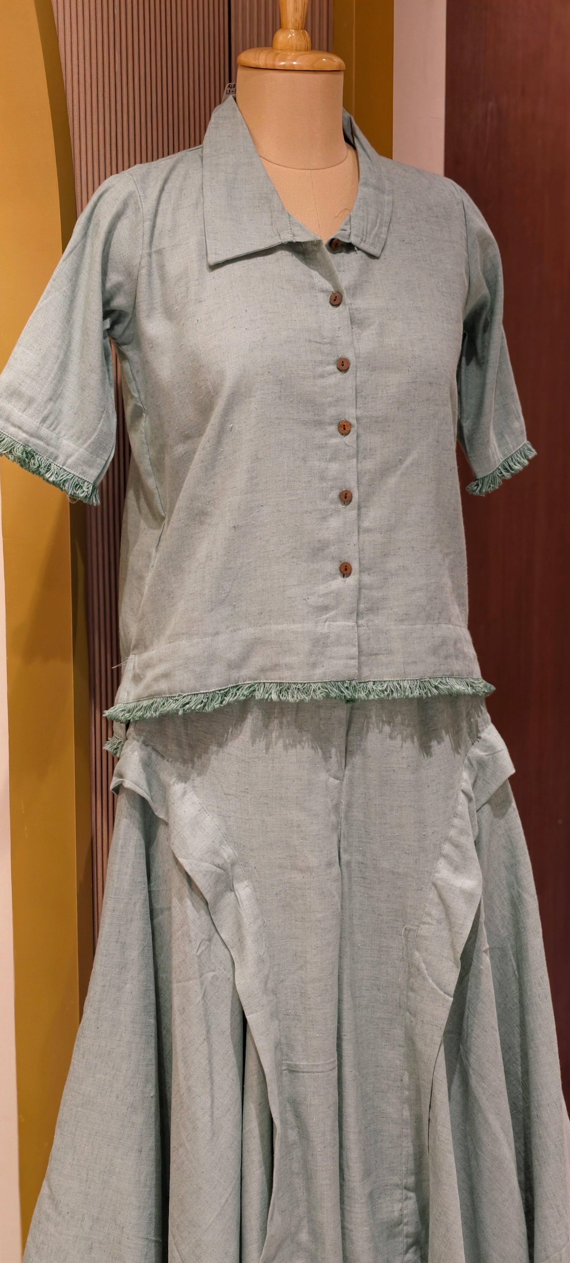 Handloom Cotton Shirt Co-Ord Set with With Short Top & Statement Flared Bottom Pants-14192 RB177