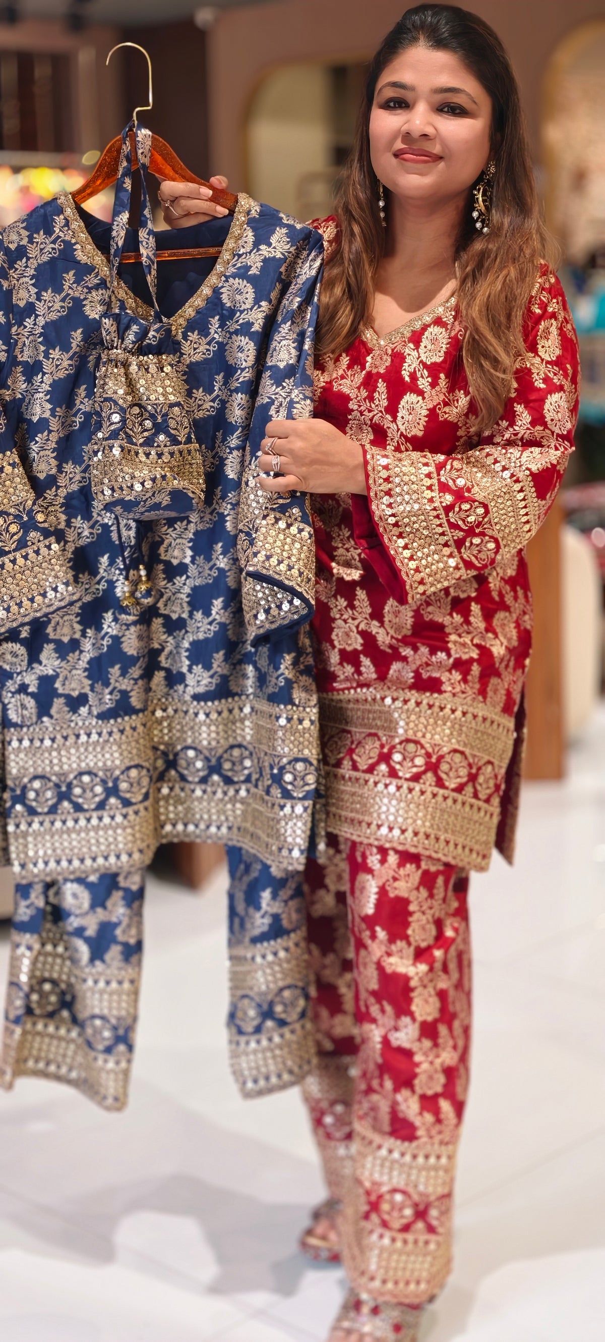 Royal Gold Foil Floral Printed Brocade Kurta Set with Heavily Embroidered Borders, Wide-Leg Palazzo Pants & Matching Potli Bag- 16868