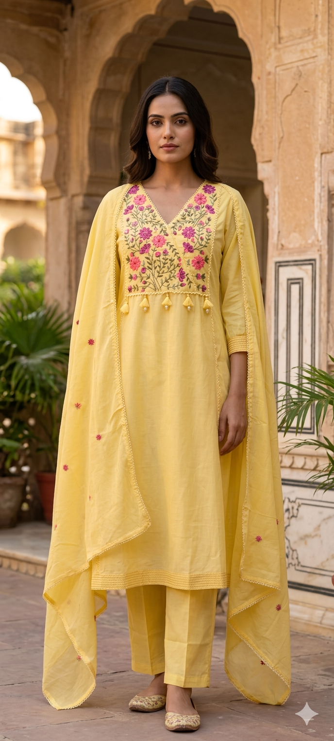 Mul Cotton A-Line Kurta Sets with Embroidered Yoke, Straight Pants and Dupatta-13881
