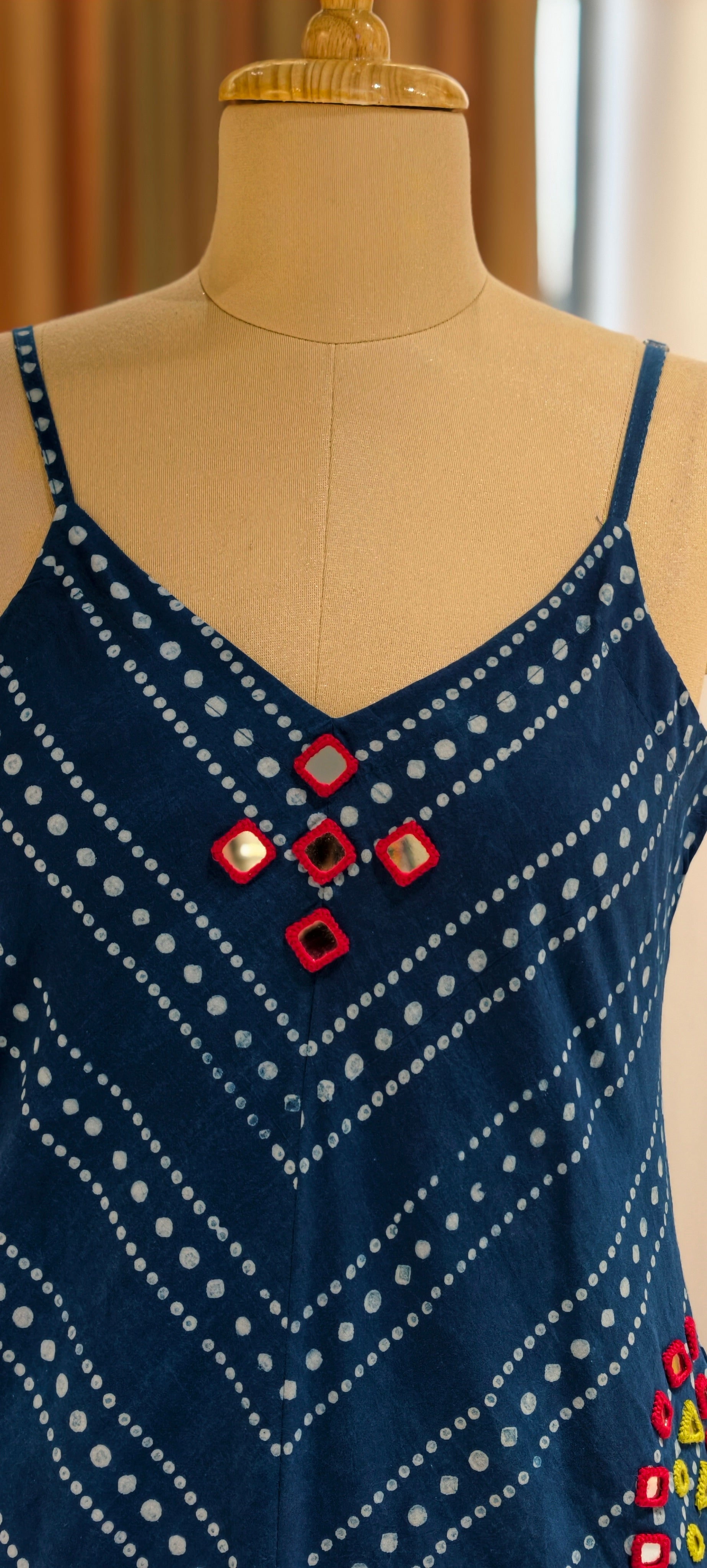 Indigo Handloom Cotton Noodle Strap Sleeveless Frock with Bandhani Print & Pockets-14180 RB175