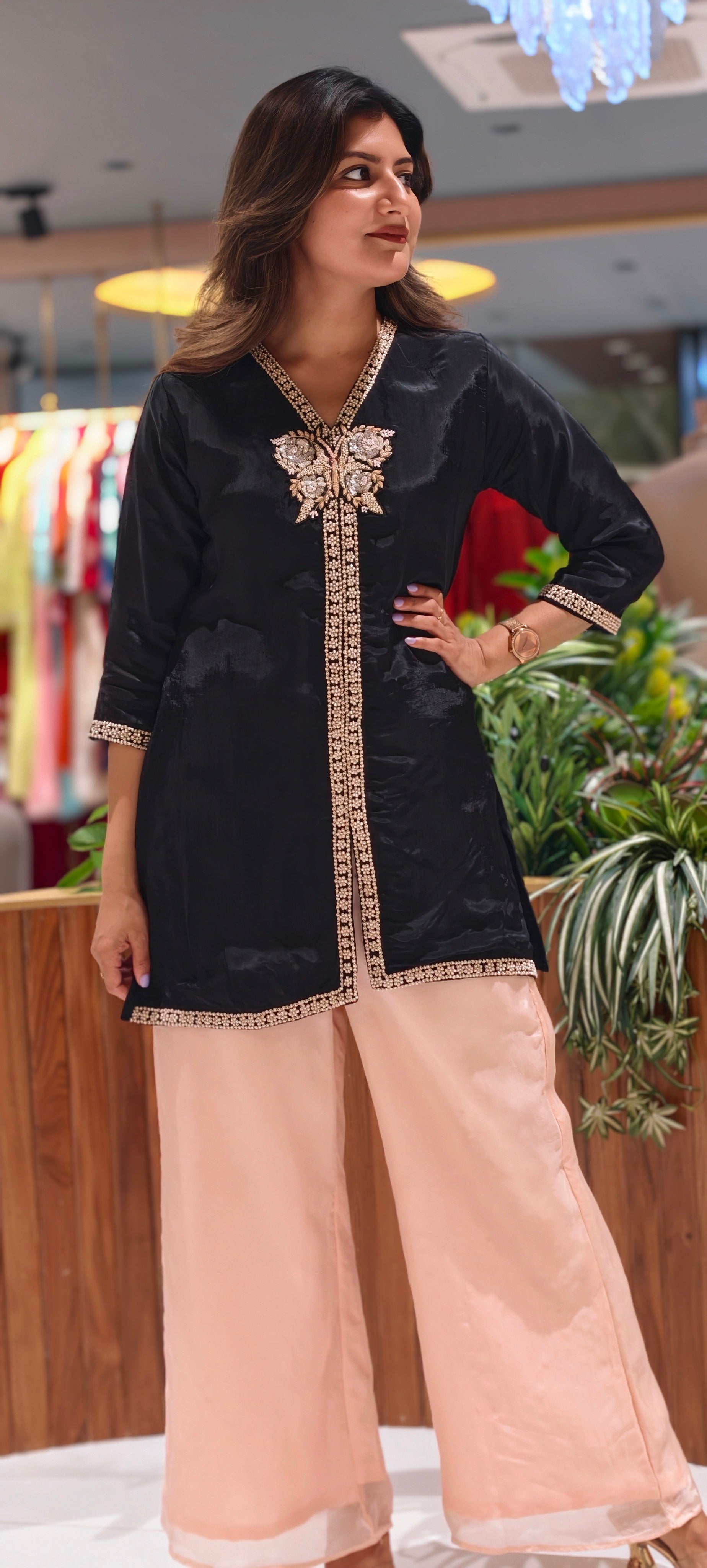 Midnight Bloom Hand-Embroidered Butterfly Tunic & Pale Rose Palazzo Ensemble13927