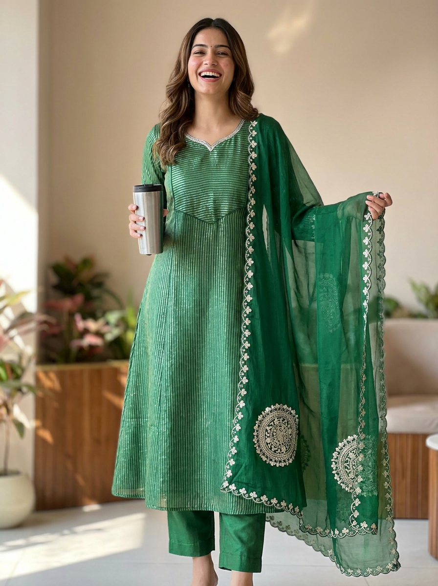 Golden Striped Elegance WIth Gotta Detailings Tissue A-Line Full Suit Set With Dupatta- 16483