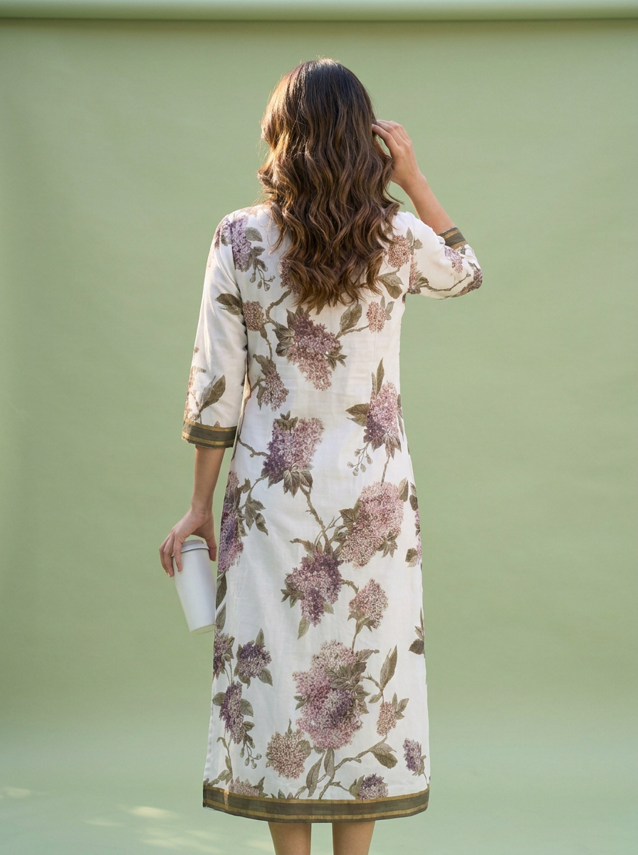 White Hydrangea Floral Print Round Neck Kurti with Tassels- 16470