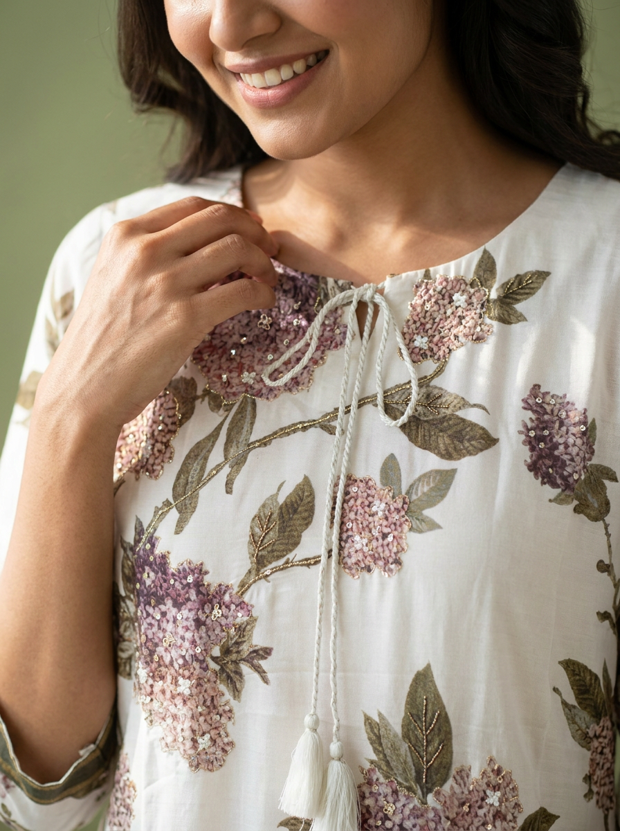 White Hydrangea Floral Print Round Neck Kurti with Tassels- 16470