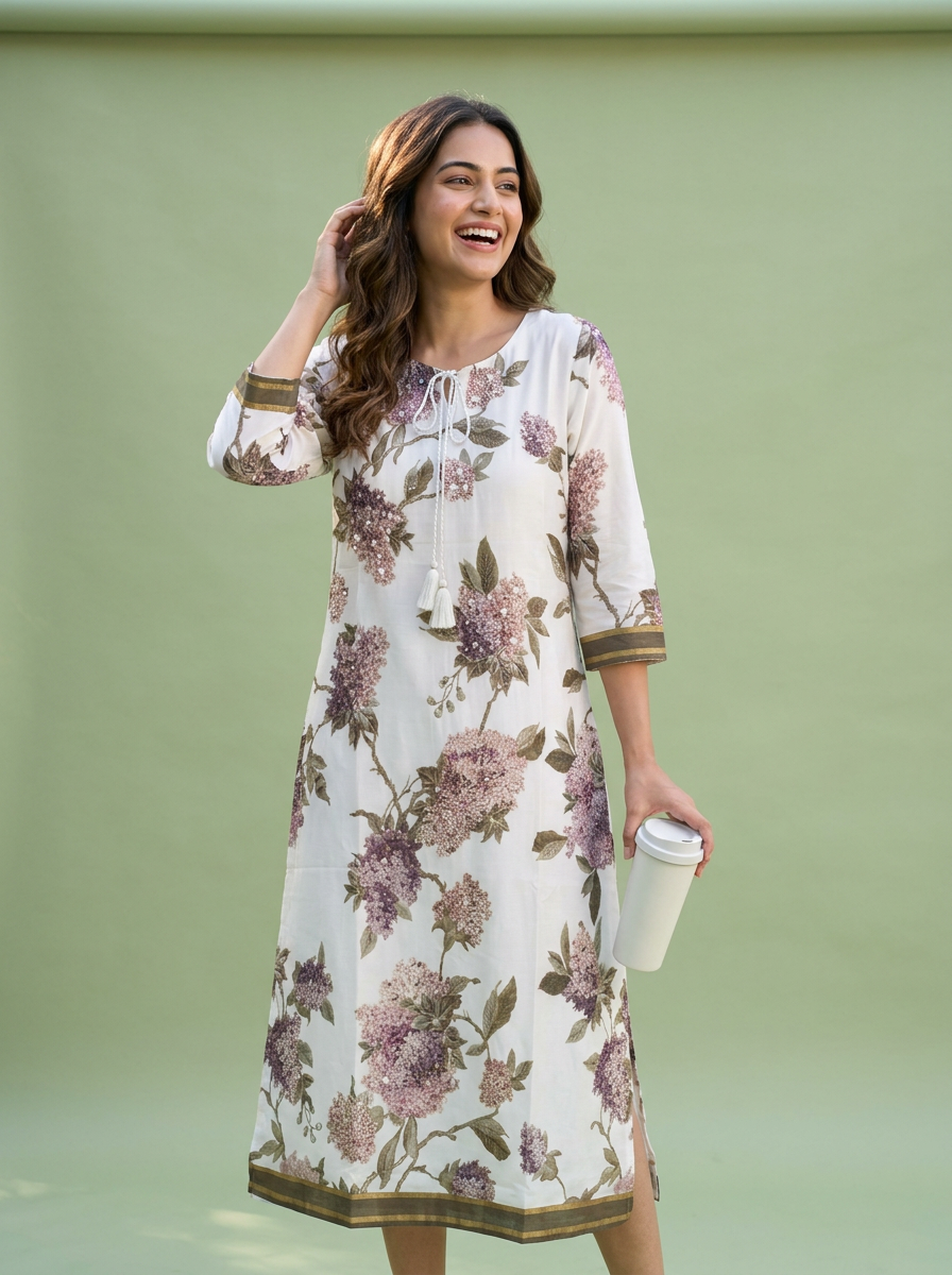 White Hydrangea Floral Print Round Neck Kurti with Tassels- 16470