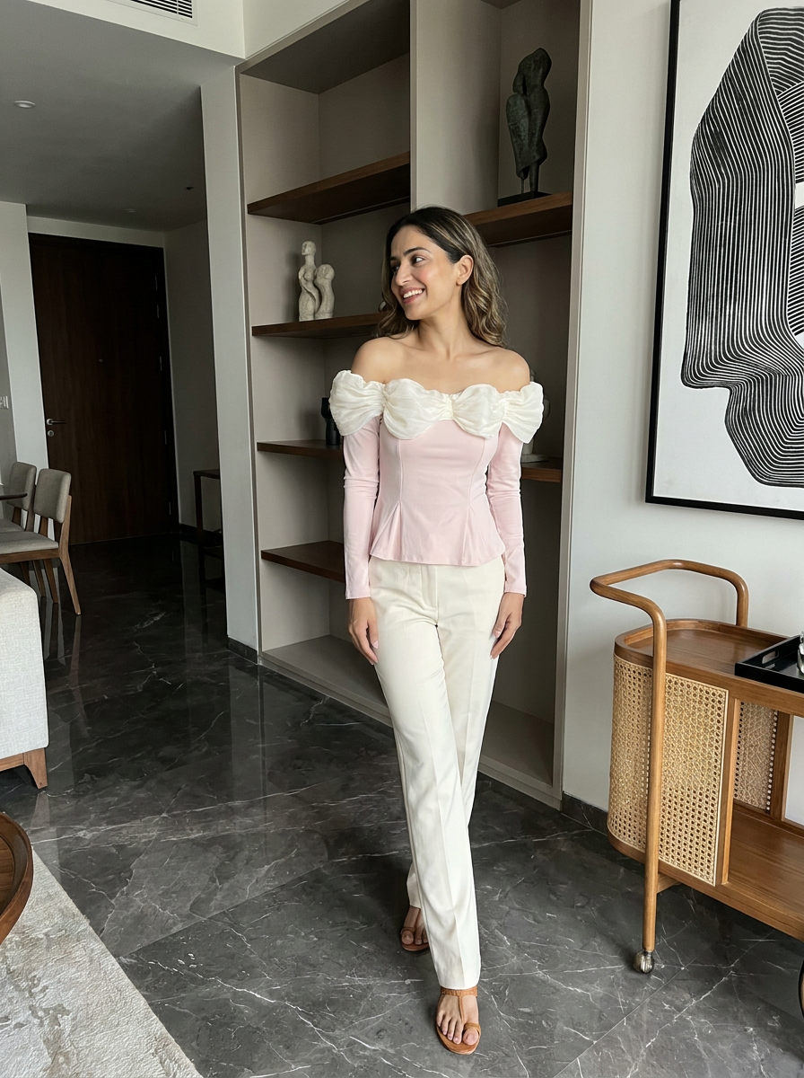 Off-The-Shoulder Ruched White Overlay Fitted Long Sleeve Top- 16146