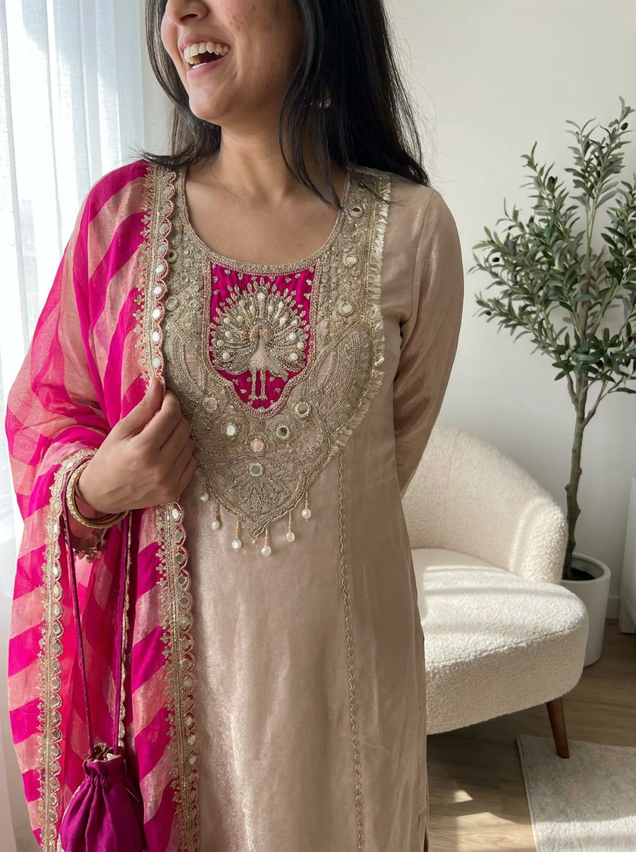 Lotus Inspired Graceful Heavy Designer Work Shimmery Tissue A-Line Full Suit Set With Dupatta- 16232