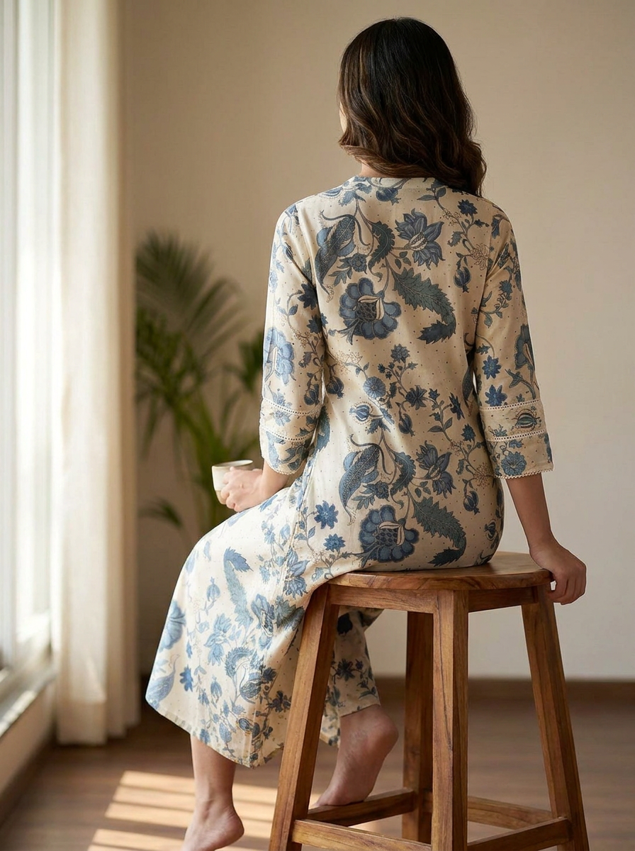 Cream Base & Slate Blue Mughal Floral Printed Kurti- 16387