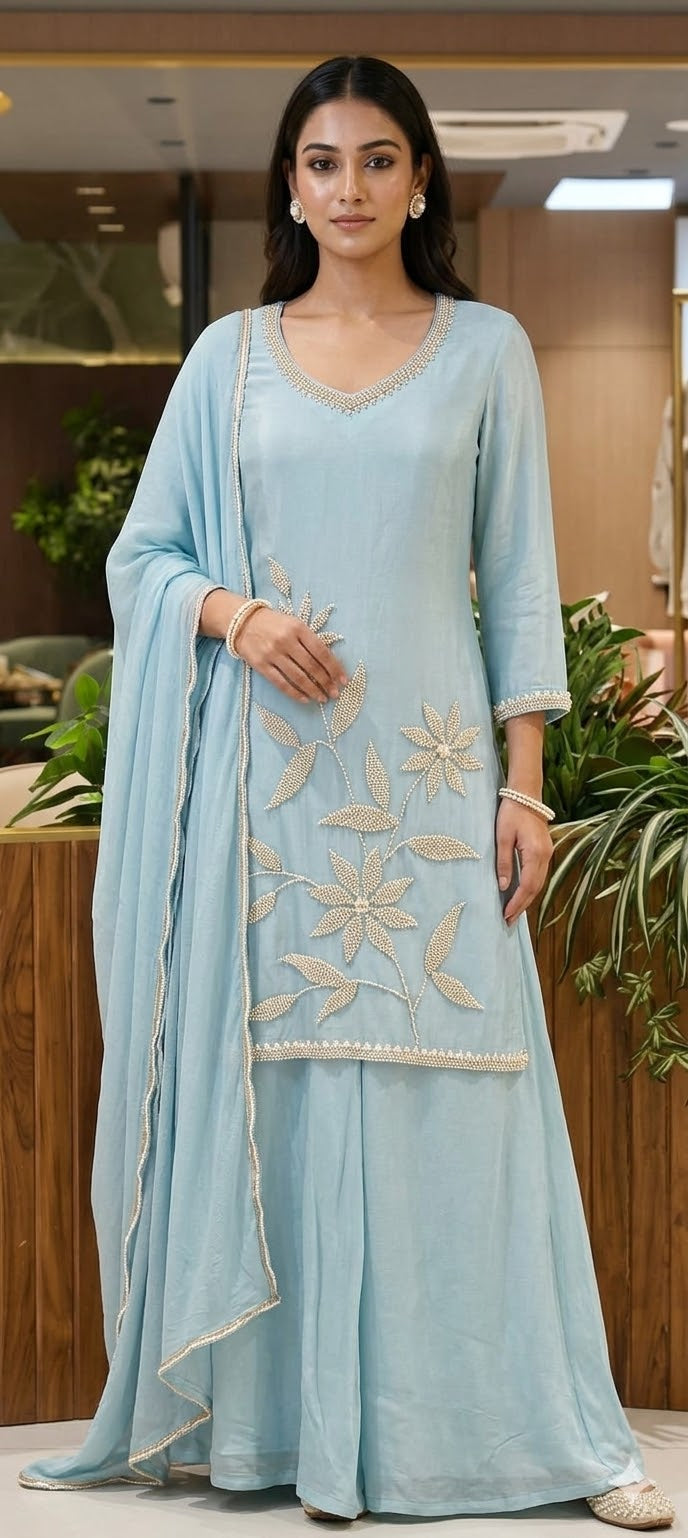 Silver Cut Dana Pastel Elegance Leafy Embroidered Festive Wear Chinon Full Suit Set With Dupatta- 13802