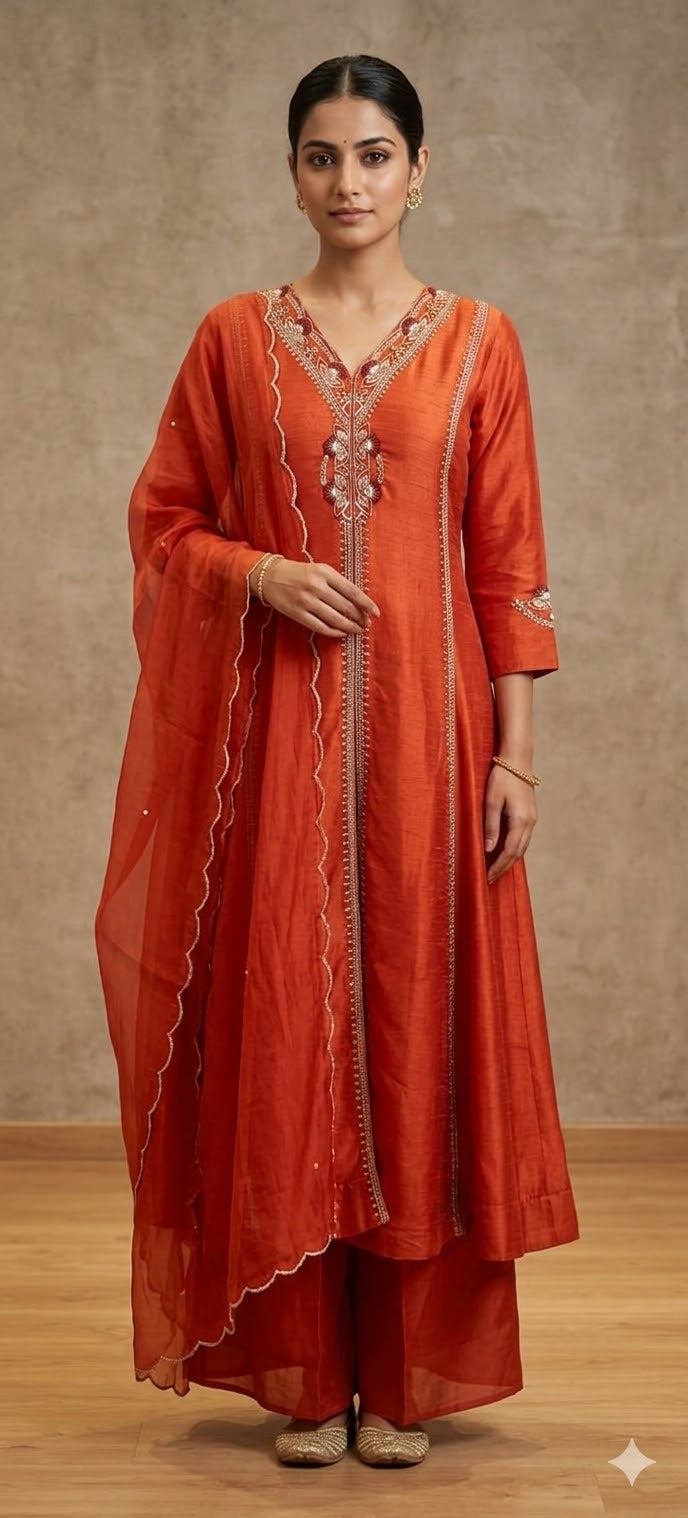 Designer Dola Silk A-Line Kurta–Palazzo Set With Front Slit Featuring Detailed Hand Embroidery and Dupatta DRYWASH-12583