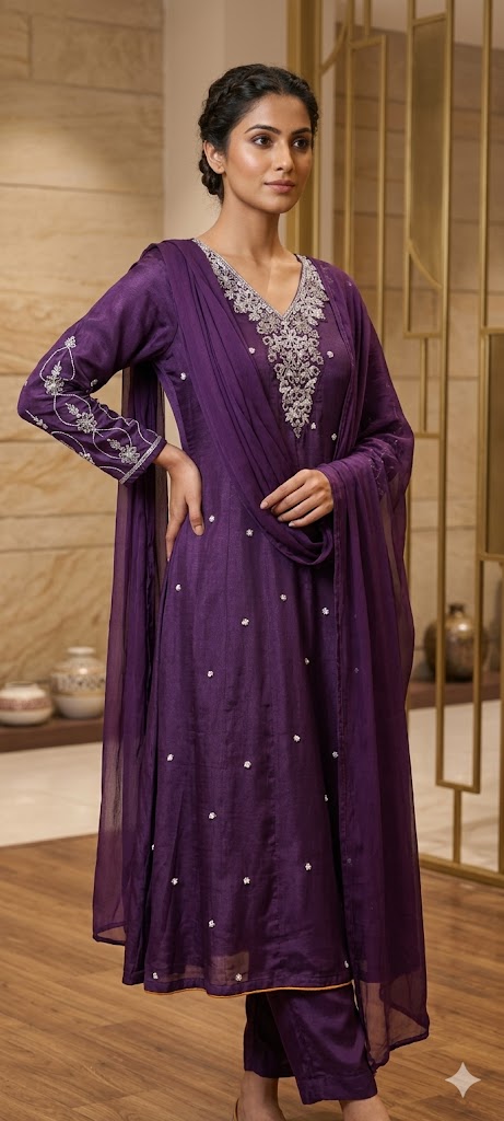 Beautiful Hand Embroidered Pannel Anarkali in Chinon Fabric Full Set-13887