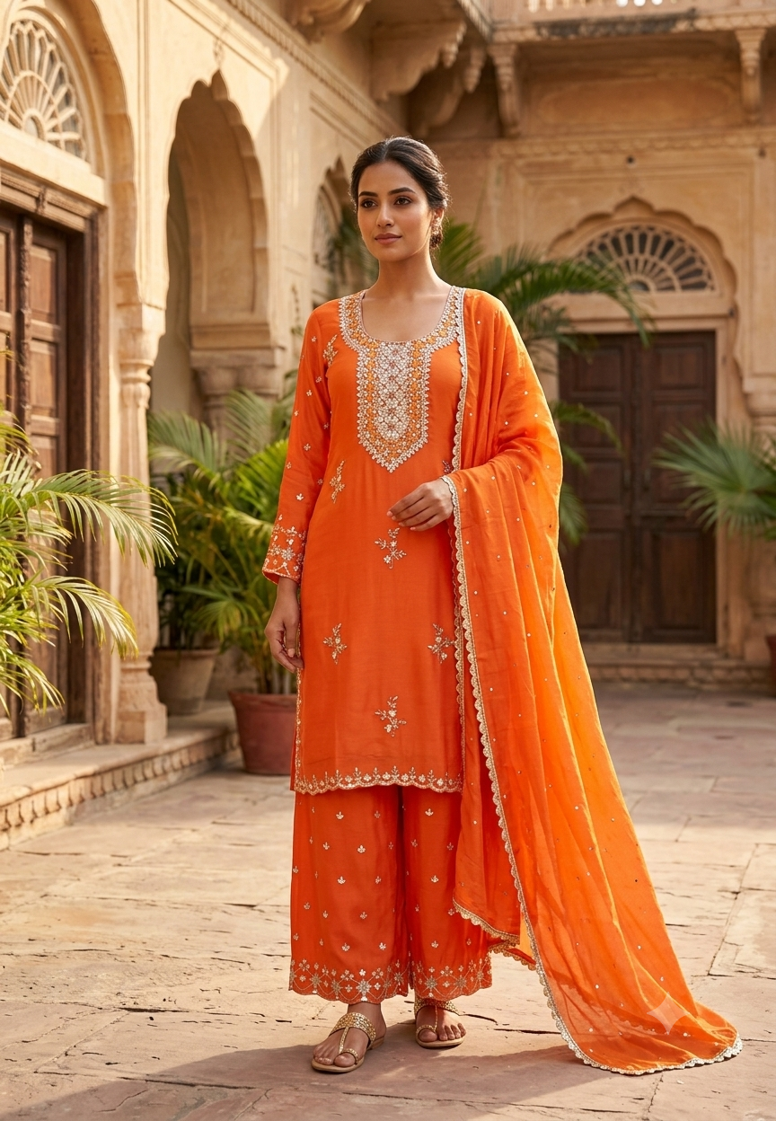 Heavy Sequin Embroidery Work Vibrant Blunt Orange Chinon Palazzo Full Suit Set With Dupatta- 16526
