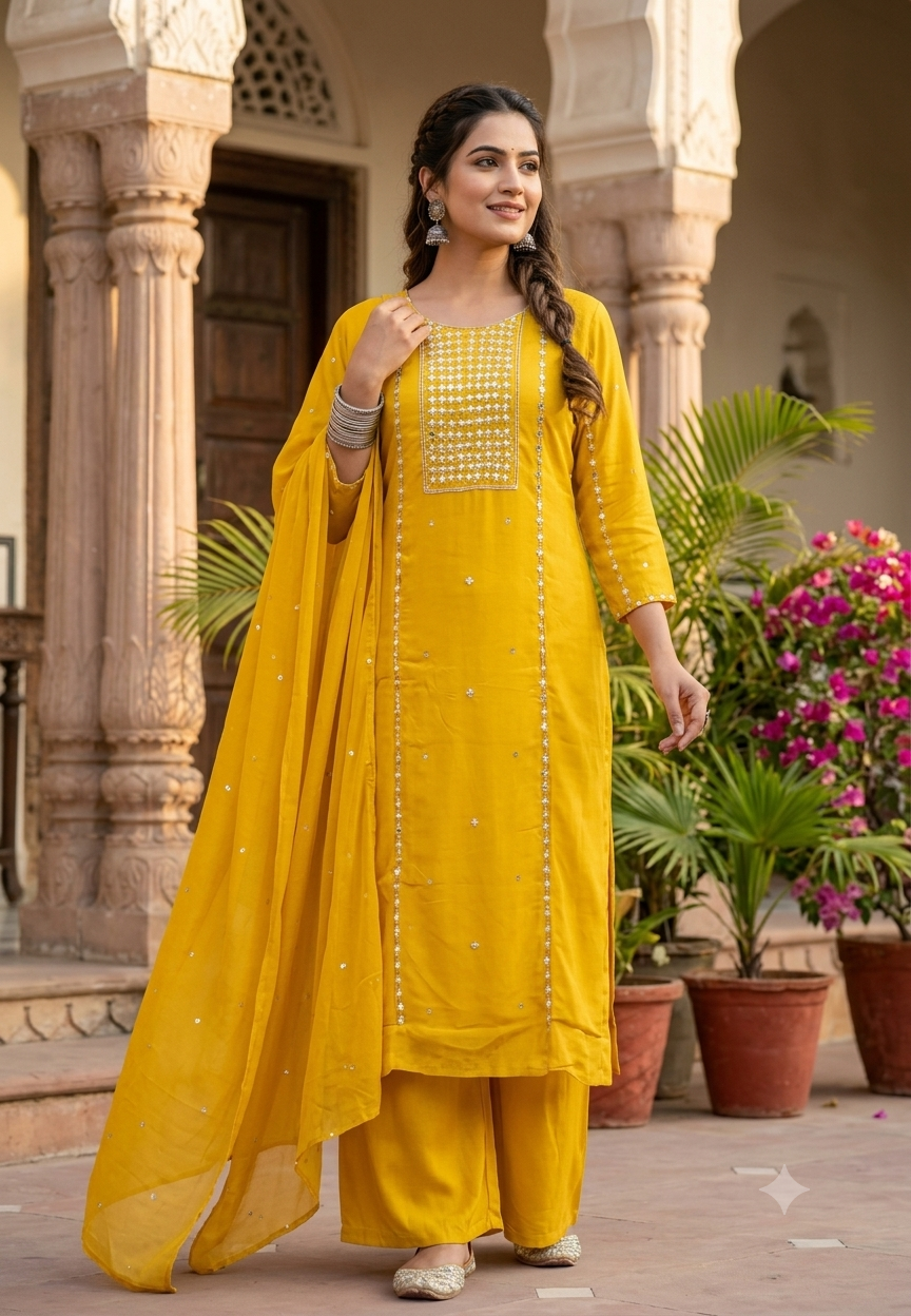 Elegant Tiny Sequin Crafted Chinon A-Line Palazzo Full Suit Set With Dupatta- 16527