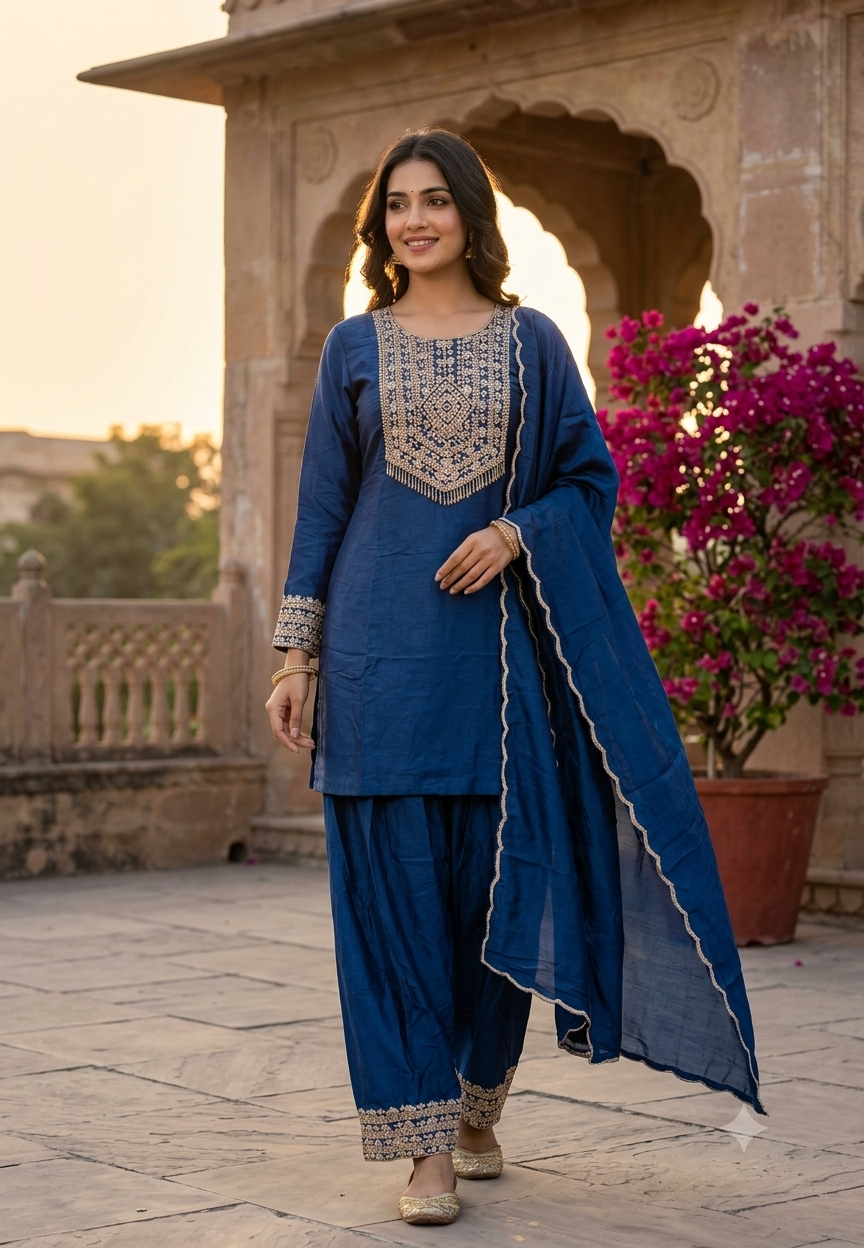 Pittan Work Hand-Embroidered Beaded Fringe Yoke Short Kurta With Farshi Bottom & Matching Dupatta- 16624
