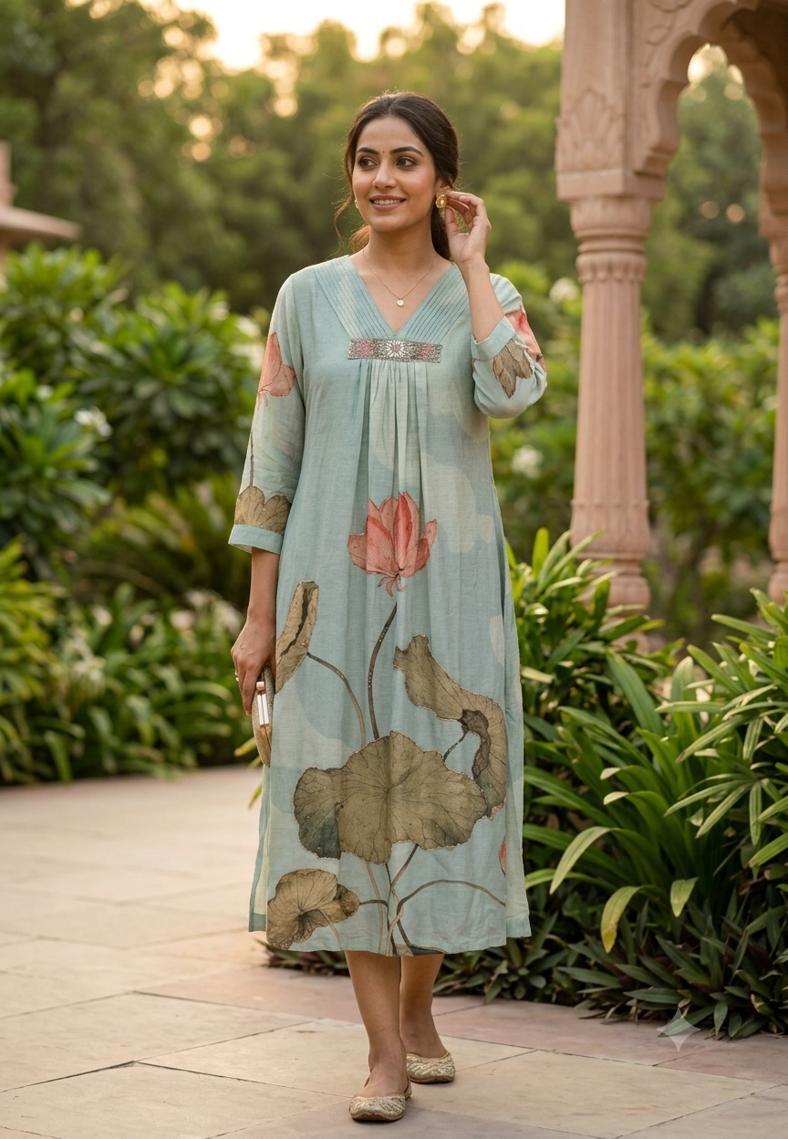 Pleated Neckline Delicate Shimmer Embroidery Digital Floral Print Pure Linen Frock- 16473, 16477