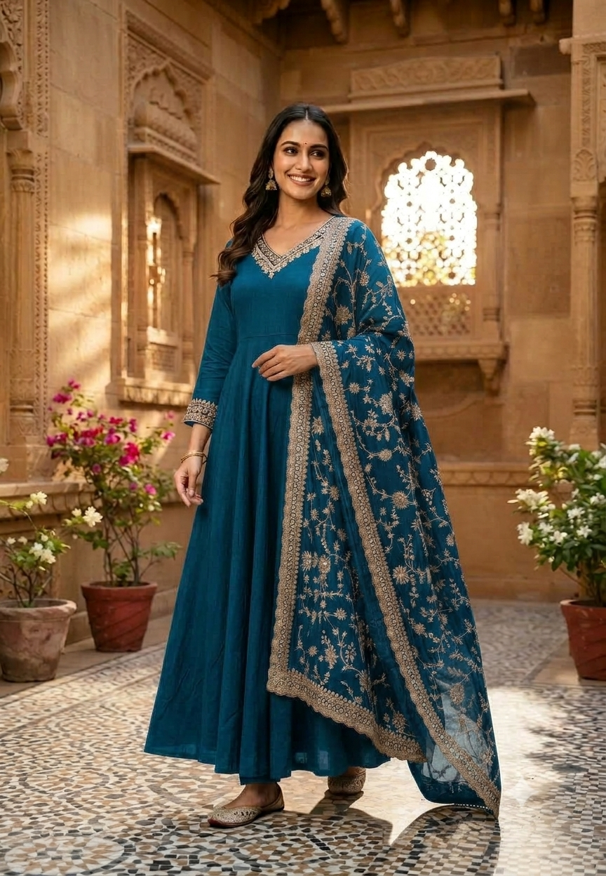 Premium Chinon Floral Sequin Scalloped Bordered Heavy Flared Anarkali Suit With Matching Dupatta- 16623