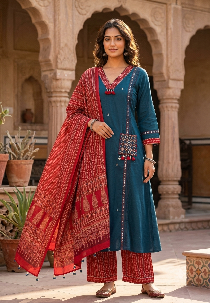 Boho Tassel Accent Pocket Style Cotton A-Line Full Suit Set With Dupatta- 15776