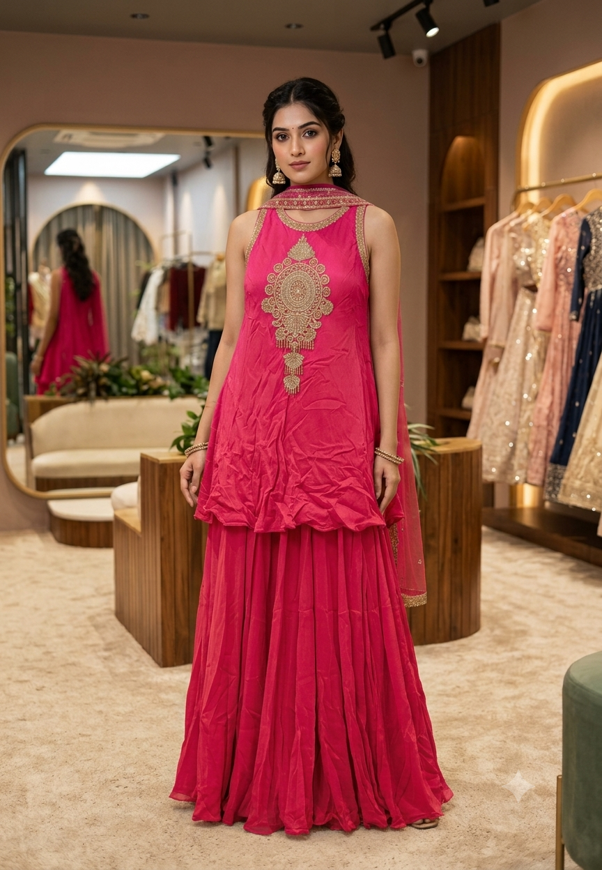 Fine Metallic Thread Embroidery Central Medallion Motif Sleeveless Chinon Indo-Wear Kurta With Matching Flared Bottom & Chowker Dupatta- 16635