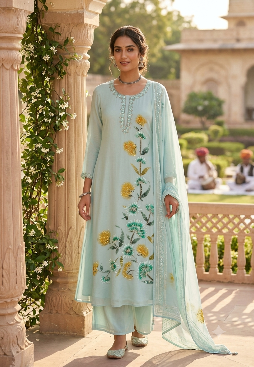 Elegant Digital Graceful Prints Pastel Shade Chinon A-Line Full Suit Set With Chiffon Dupatta- 16226