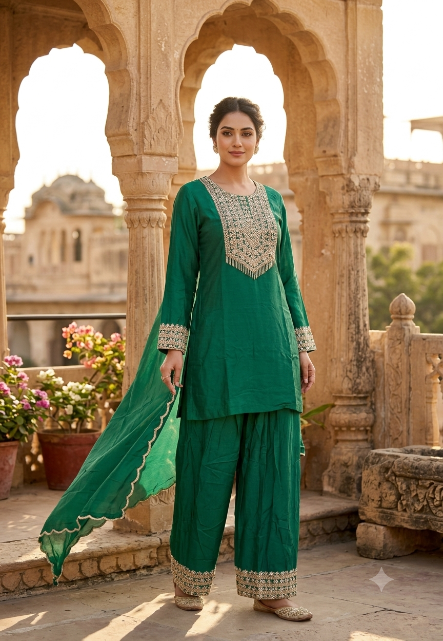 Pittan Work Hand-Embroidered Beaded Fringe Yoke Short Kurta With Farshi Bottom & Matching Dupatta- 16624