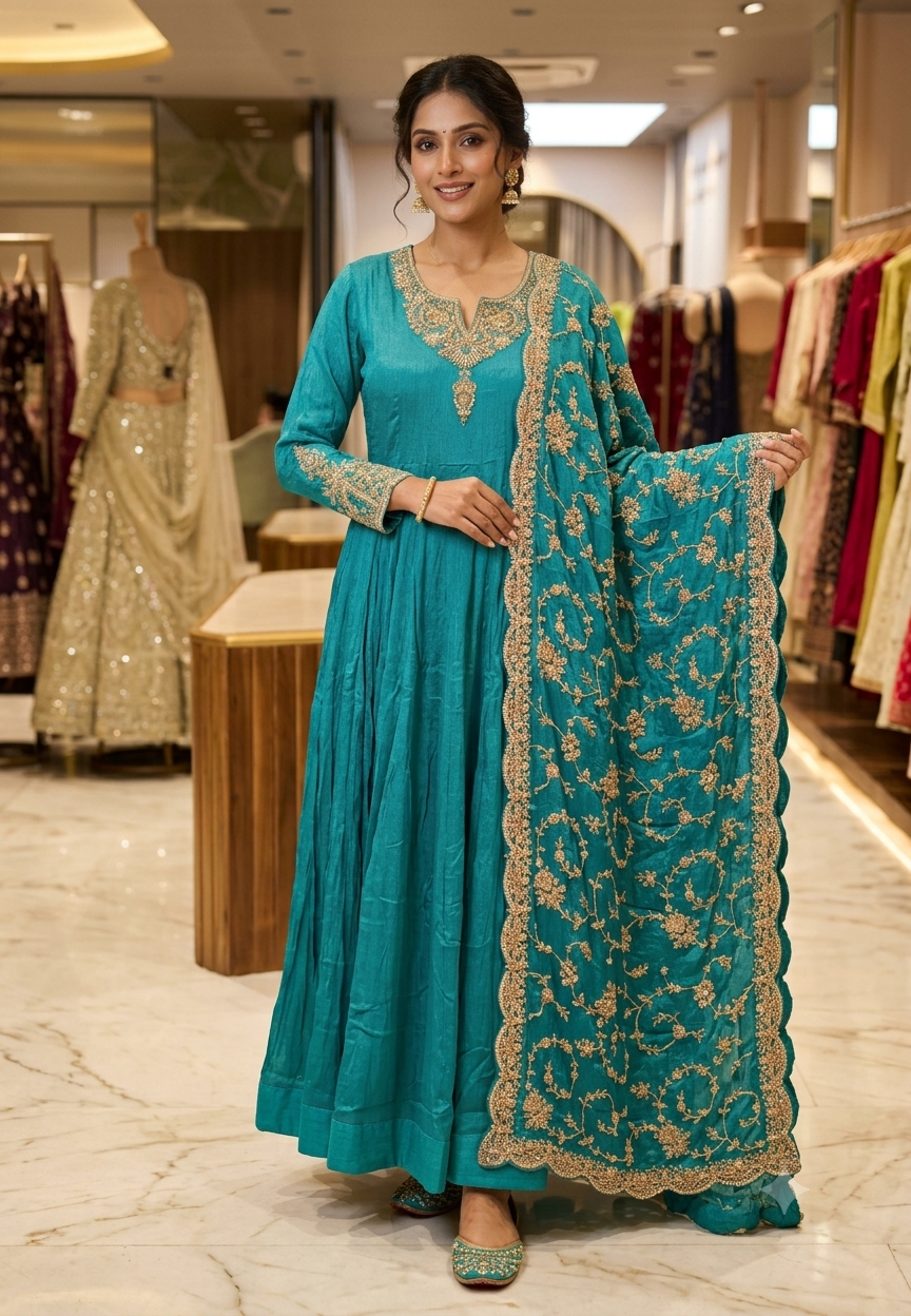 Traditional Gold Metallic Hand Embellished Chinon Panel Anarkali Suit With Dense Scalloped Cutwork Dupatta- 16617