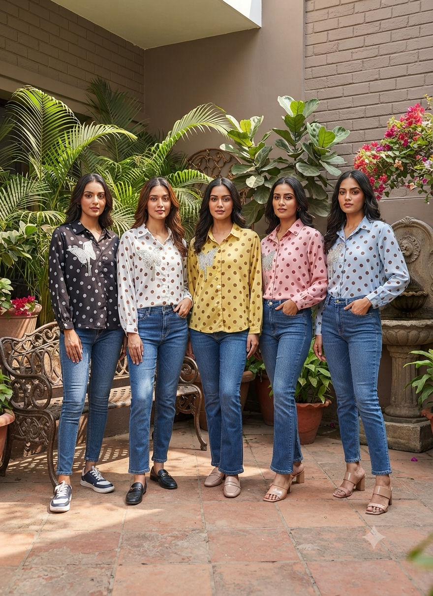 Butterfly Shaped Syroski Stone Batch Hang Retro Polka Dotted Imported Shirt- 16181