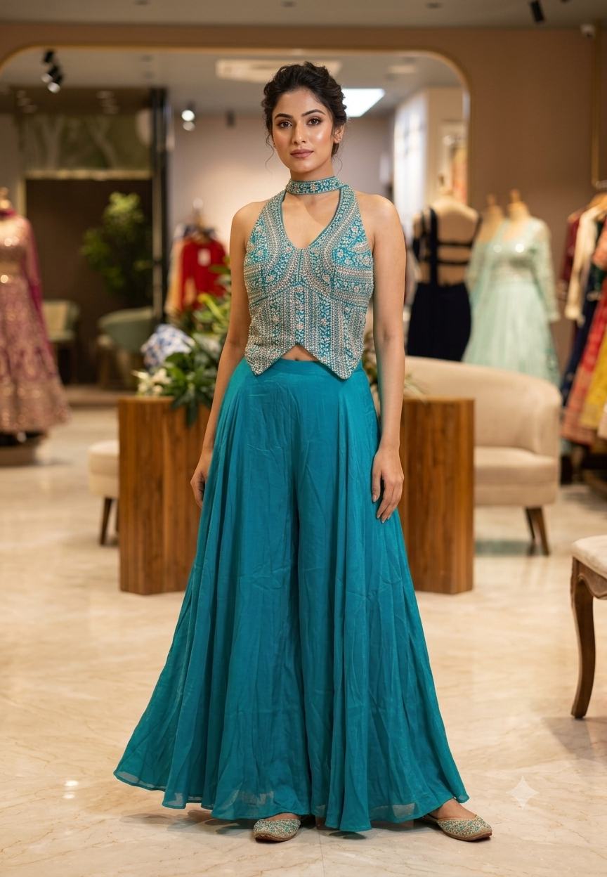 Sequin & Cut-Dana Handwork Encrusted Halter Neck Crop Top with Flowy Chinon Flared Palazzo Bottom & Chowker Dupatta- 16622