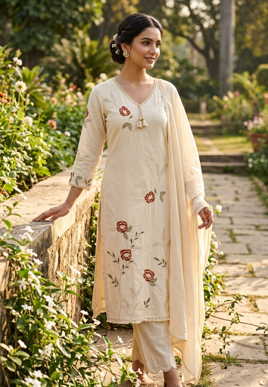Floral Embroidery Side Slitted V-Neck Full Suit Set with Tassel Detailing & Matching Dupatta- 16522