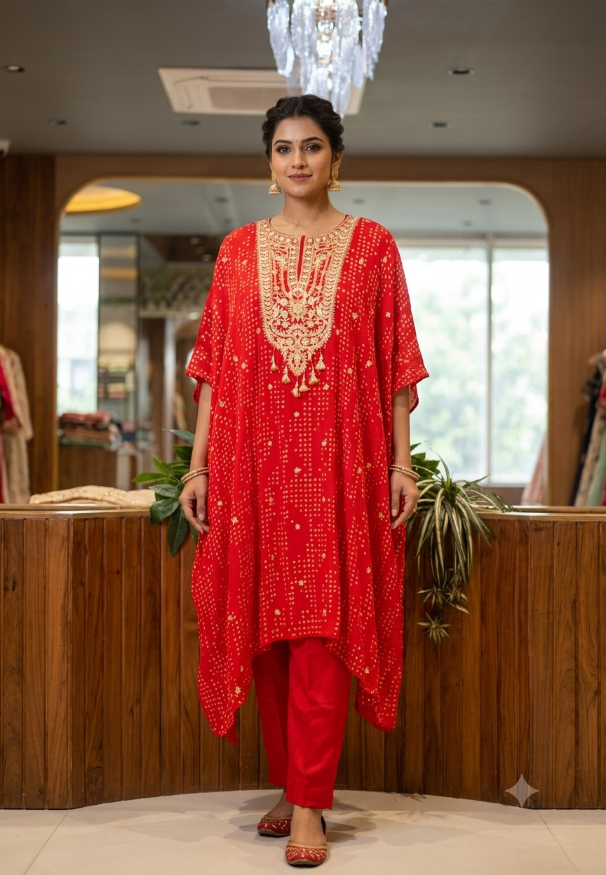Bandhani Printed Kaftan Featuring Intricate Gota & Thread Embroidered Yoke With Matching Bottom- 16599