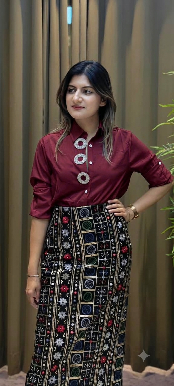 Collared Long Sleeve Button-Up Shirt with Embellished Ring Button Placket- 16182