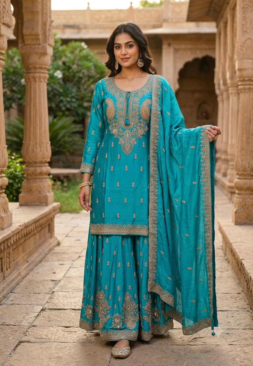 Paisley Kalka Motif Zardozi Festive Elegance Hand-Embroidered Short Length Chinon Kurta With Matching Flared Bottom & Dupatta- 16618