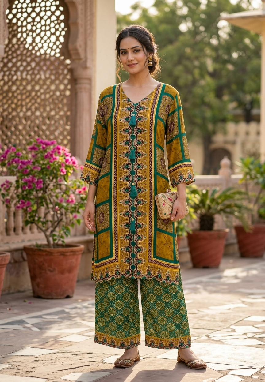 Mustard & Green Boxed Block Print Flowy Crepe Co-Ord Set- 15239