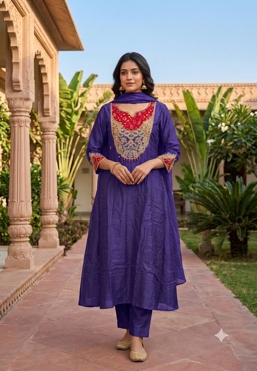 Russian Silk Bandhej Patch With Heavy Embroidery Work Panel Anarkali Full Suit Set With Dupatta-16566