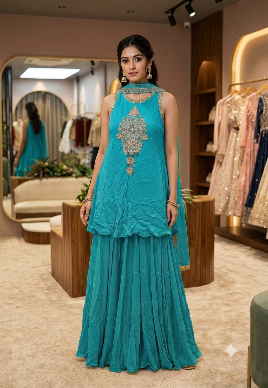 Fine Metallic Thread Embroidery Central Medallion Motif Sleeveless Chinon Indo-Wear Kurta With Matching Flared Bottom & Chowker Dupatta- 16635