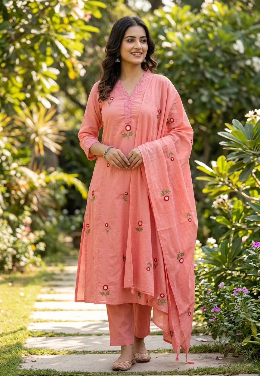 Lace Trimmed Neckline Floral Intricate Embroidery A-Line Sili Cotton Full Suit Set With Dupatta- 16531
