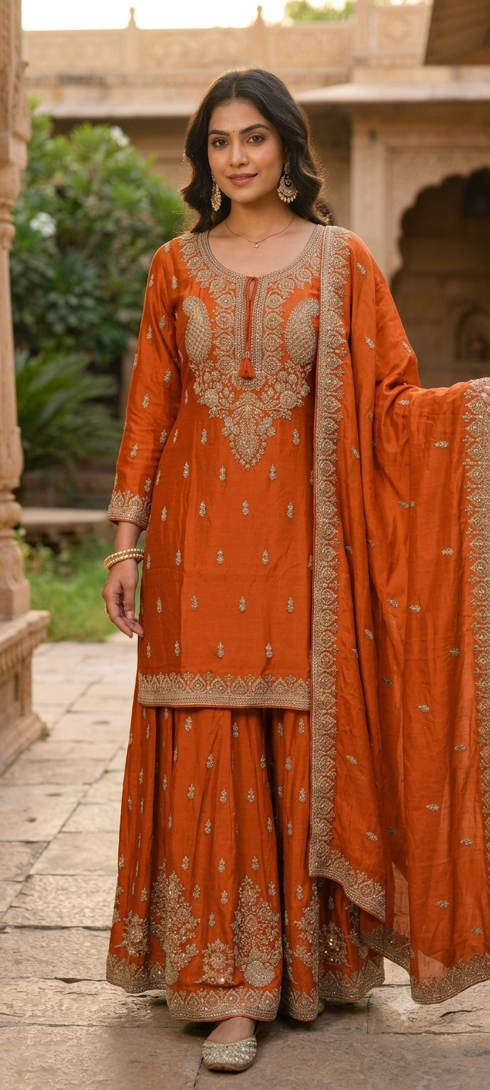 Paisley Kalka Motif Zardozi Festive Elegance Hand-Embroidered Short Length Chinon Kurta With Matching Flared Bottom & Dupatta- 16618