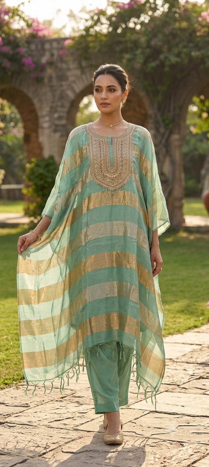 Pure Tissue Golden Metallic Striped Kaftan Set with Heavy Yoke Embroidery & Matching Bottom- 16625