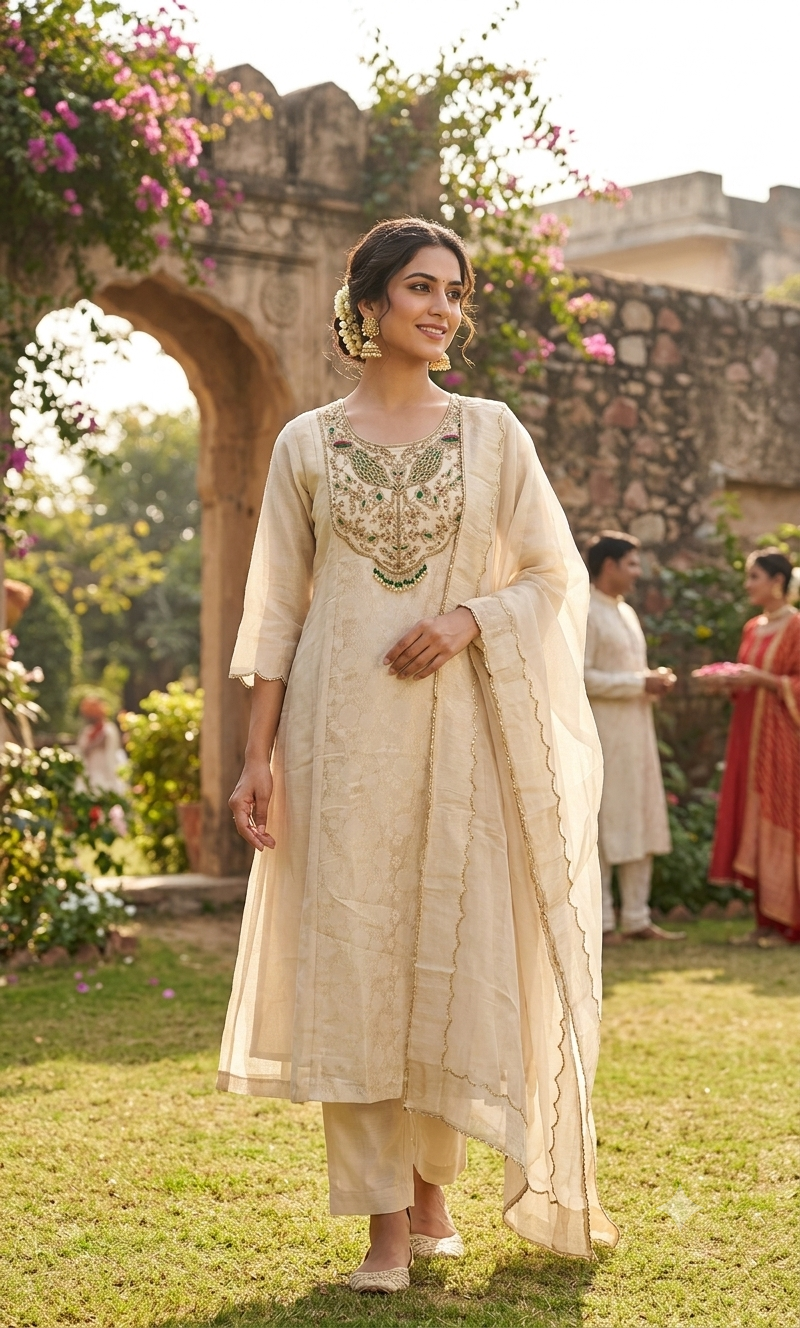 Kanchipuram Tissue Dabka Royal Embroidery Yoke A-Line Creamish Base Full Suit Set With Dupatta- 16585