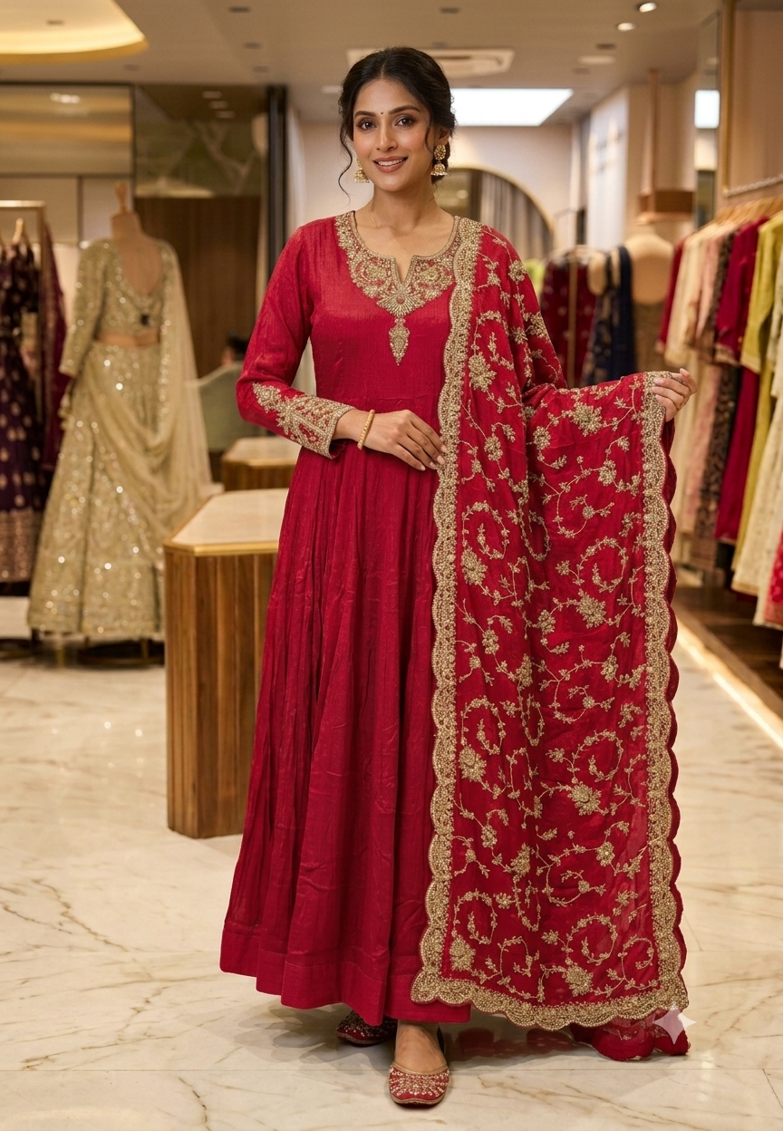 Traditional Gold Metallic Hand Embellished Chinon Panel Anarkali Suit With Dense Scalloped Cutwork Dupatta- 16617