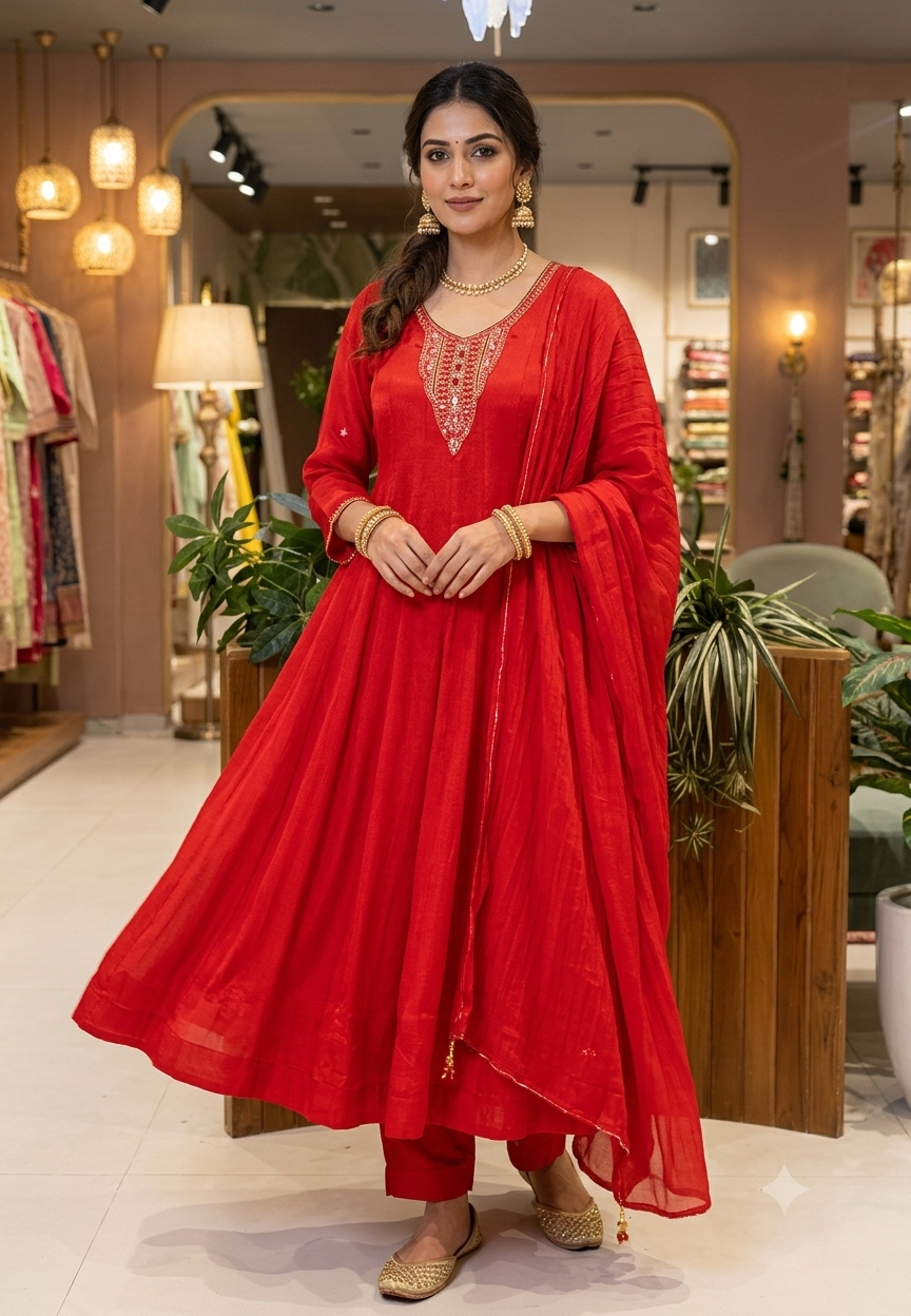 Fiery Red Panel Anarkali Suit Set with Intricate Mirror Work & Thread Embroidered Neckline- 16441