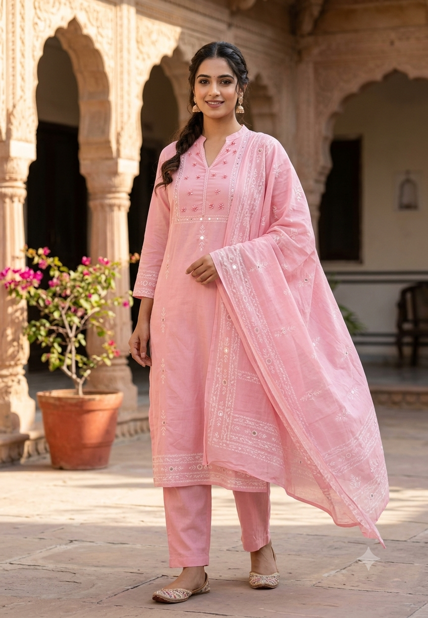 Bandhej Elegance Minor Intricate Embroidery Work Soft Cotton Straight Full Suit Set With Dupatta- 16520 Slightly Lean Fit